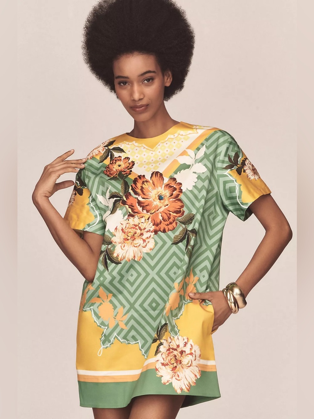 Anthropologie Floral Geo Mini Dress - Yellow & Green